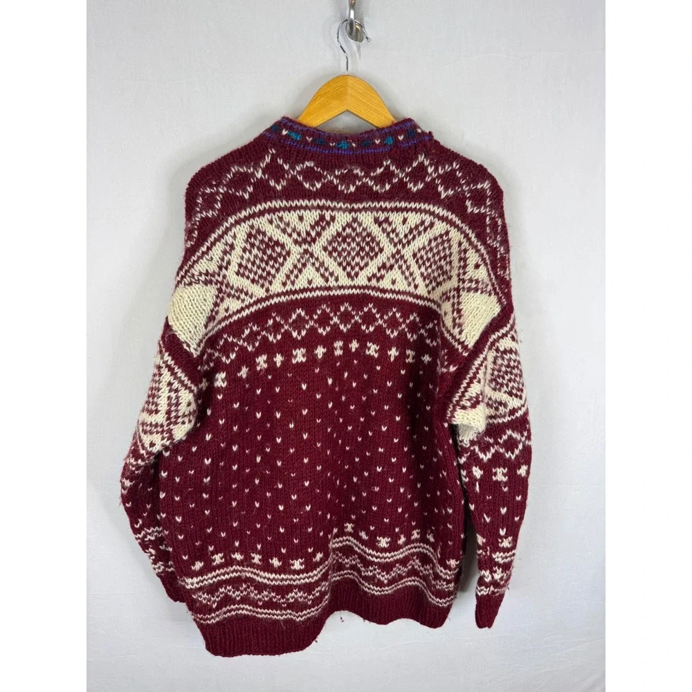 Handmade Wool Fair Isle Nordic Henley Sweater Burgundy Cream XL